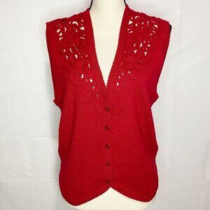 Koret Women’s Red Wool Blend Sweater Vest Size Medium Ribboning Design Cardigan